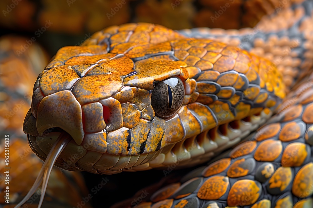 A detailed view of a venomous snake with its forked tongue sticking out. A detailed view of a venomous snake with its forked tongue sticking out.
