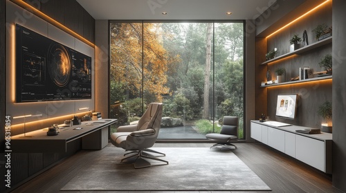 Modern smart home office featuring a holographic project planner and a serene outdoor view