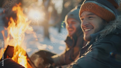 Smiling friends gather around a warm fire, surrounded by frosty winter scenery.