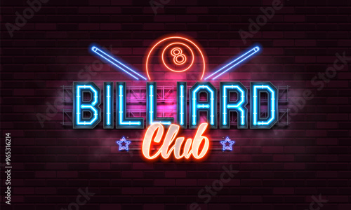 Billiard club banner with neon signs on brick wall background. Vector illustration.