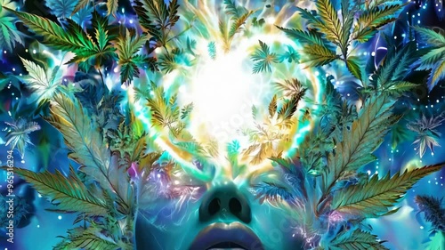 Psychedelic animation of a face with glowing light and cannabis leaves