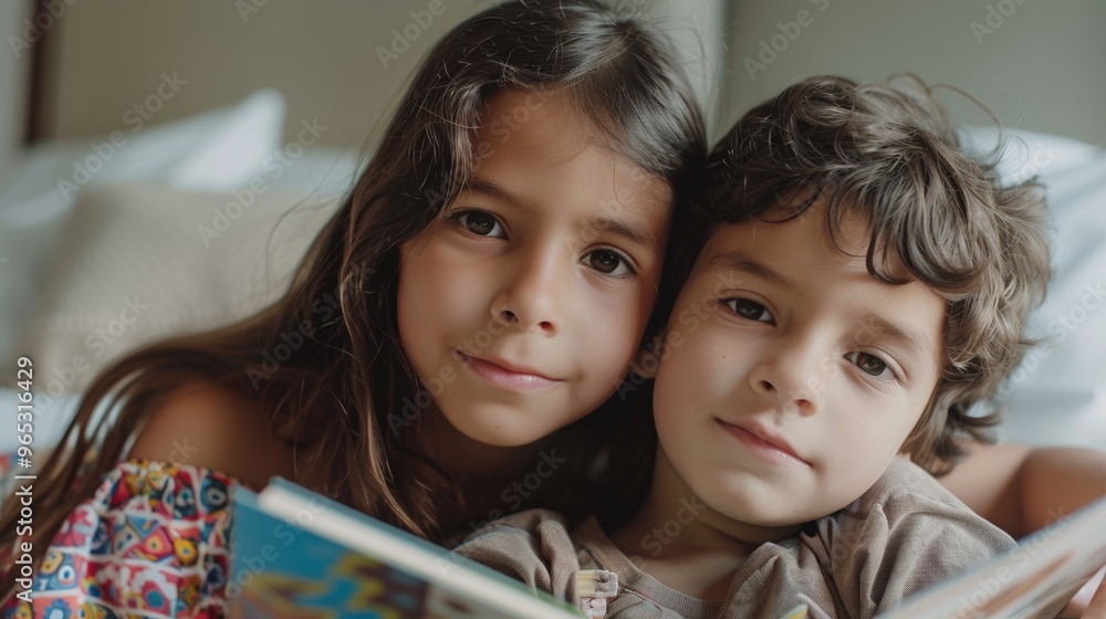 The sister and brother smile as they laugh together while reading an engaging story. The sister and brother smile as they laugh together while reading an engaging story.
