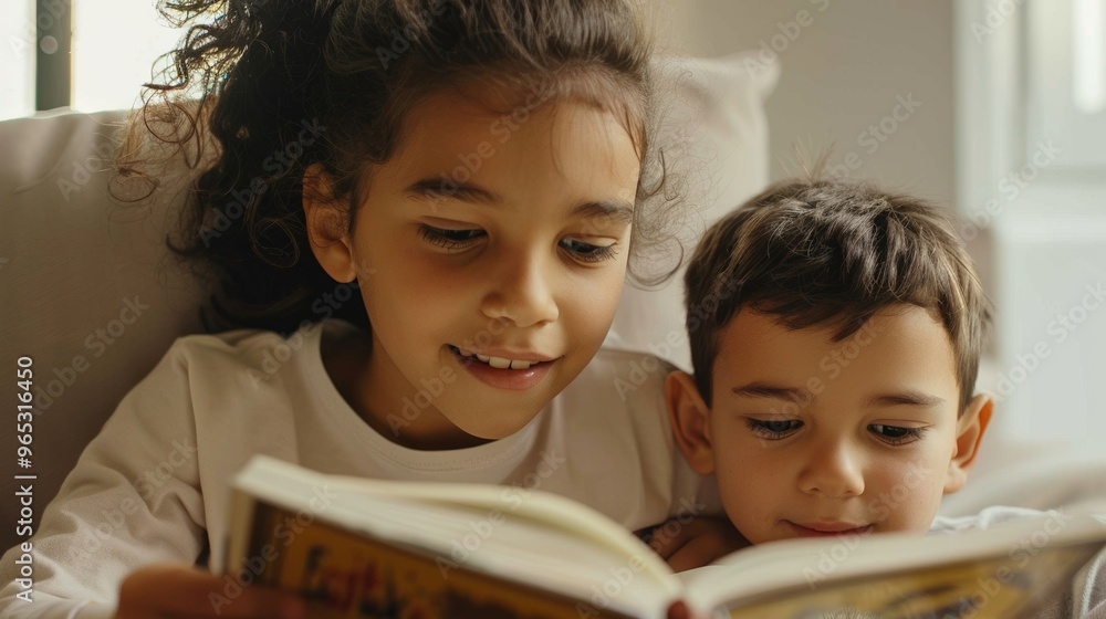 Siblings explore new worlds together as they dive into the pages of their storybook. Siblings explore new worlds together as they dive into the pages of their storybook.