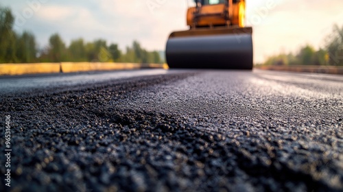 A detailed view of fresh asphalt on a road, with a steamroller in the distance preparing to flatten and smooth the surface during road repairs.