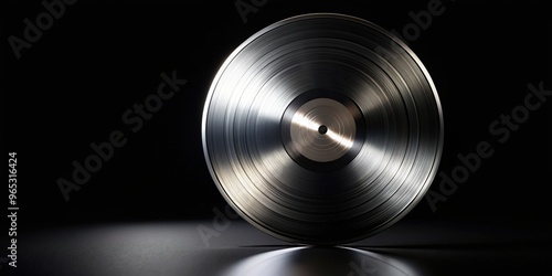 Realistic platinum vinyl record with grooves reflecting light on a sleek black background, reflection, elegant, vintage, luxury, analogue, music, platinum, modern, disc, LP, black background photo