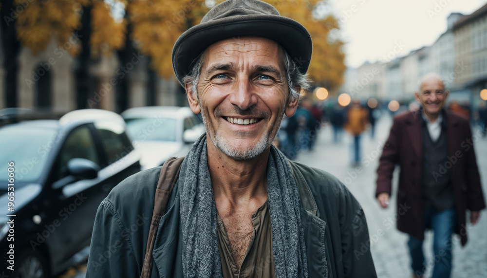 A smiling and happy beggar in old clothes on the city street A smiling and happy beggar in old clothes on the city street