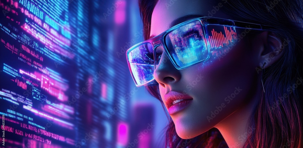 Beautiful woman wears futuristic glasses with holographic data graphs floating in front of her, set against an abstract digital background with glowing neon lights and dynamic patterns Beautiful woman wears futuristic glasses with holographic data graphs floating in front of her, set against an abstract digital background with glowing neon lights and dynamic patterns