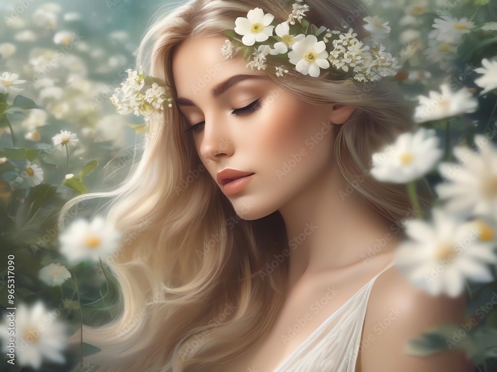 An illustration of a young woman surrounded by white flowers An illustration of a young woman surrounded by white flowers