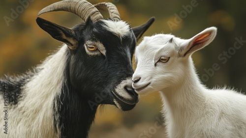 A black and white goat nuzzling a white goat