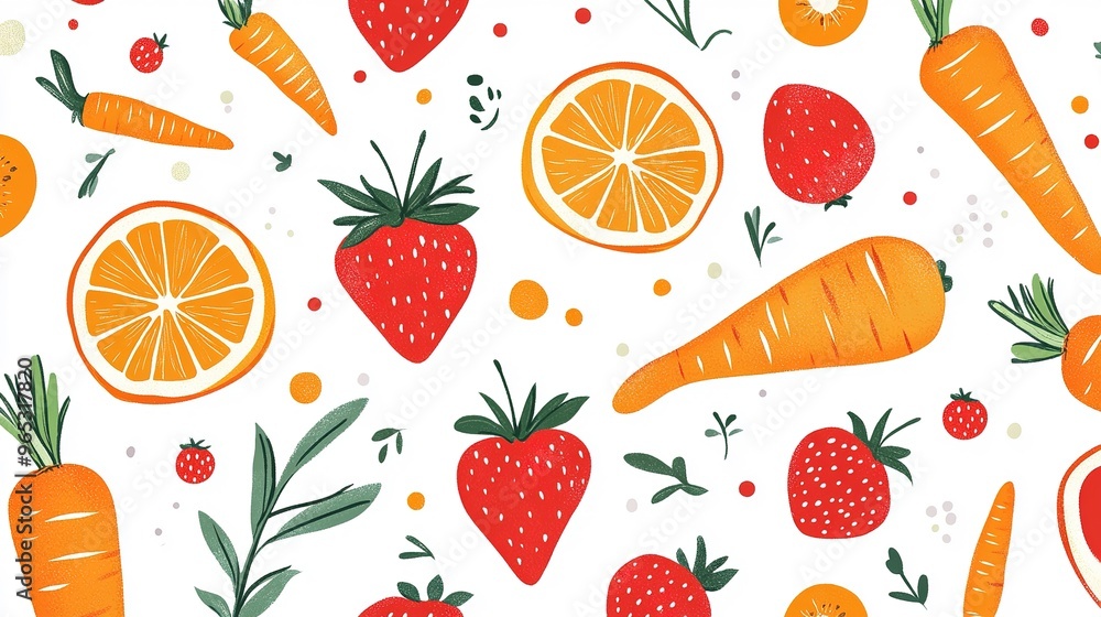 Fresh vegetables and fruits in a colorful seamless pattern with carrots, tomatoes, and oranges. Fresh vegetables and fruits in a colorful seamless pattern with carrots, tomatoes, and oranges.