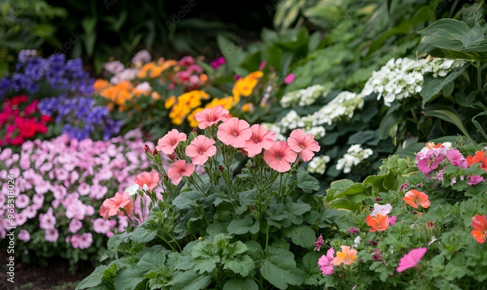 Colorful geraniums and pelargoniums in a lush garden filled with vibrant flowers Colorful geraniums and pelargoniums in a lush garden filled with vibrant flowers