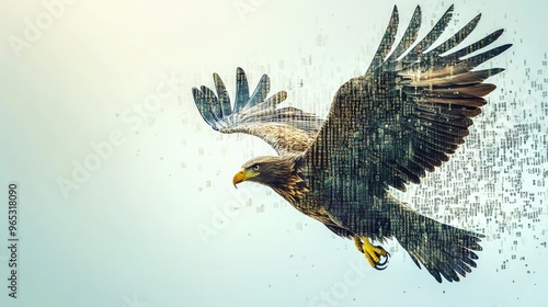 A powerful eagle with wings constructed from columns of numerical data, soaring high, illustrating the capabilities of modern data analytics. photo