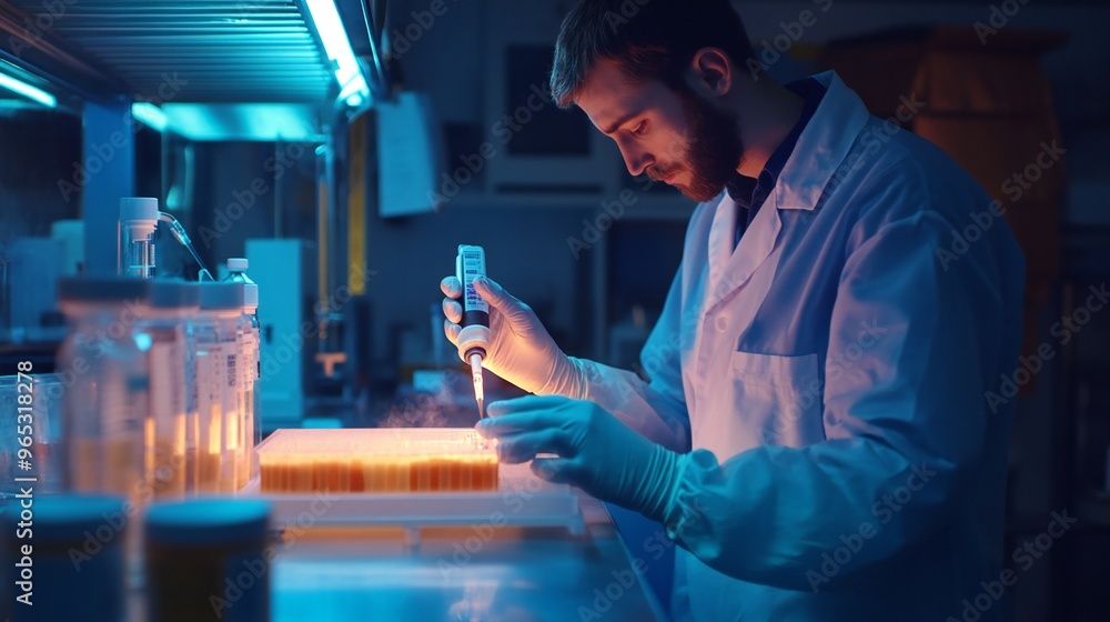 A laboratory technician prepares to test soil pH level, carefully ...