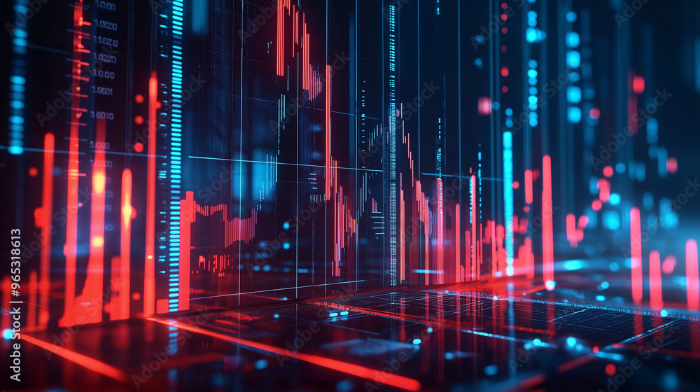 Abstract visualization of financial data with glowing bar charts and a fluctuating line graph, representing stock market trends. Abstract visualization of financial data with glowing bar charts and a fluctuating line graph, representing stock market trends.