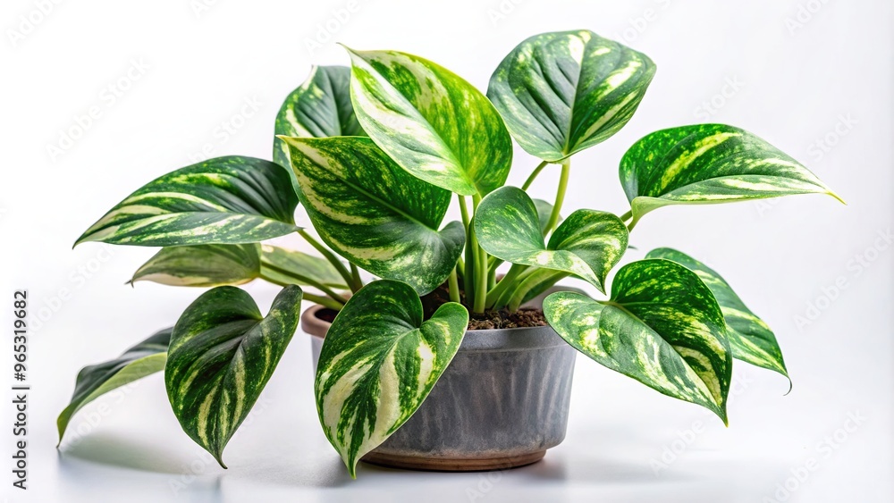 A close up high resolution stock photo of an Epipremnum Pinnatum Variegated plant isolated on a pristine white background, ornamental, tropical, indoor, foliage, botanical A close up high resolution stock photo of an Epipremnum Pinnatum Variegated plant isolated on a pristine white background, ornamental, tropical, indoor, foliage, botanical