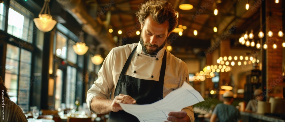 A chef checks a recipe in a restaurant. AI. A chef checks a recipe in a restaurant. AI.