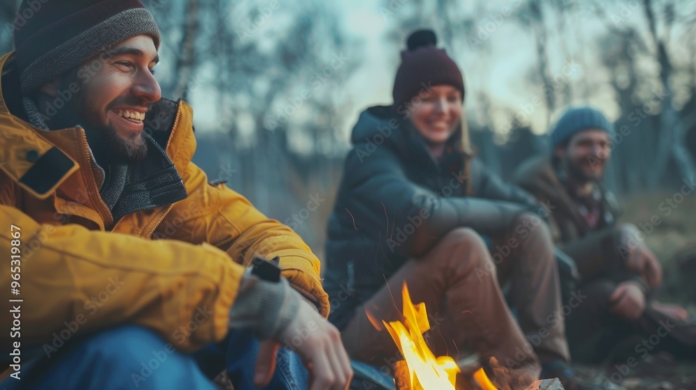 A cheerful group of friends enjoys a cozy campfire experience on a cool autumn evening. A cheerful group of friends enjoys a cozy campfire experience on a cool autumn evening.