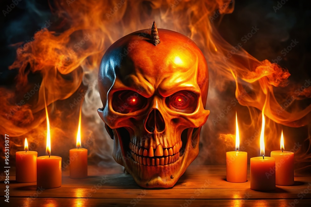A glowing orange fiery skull with demonic eyes and menacing grin appears to rise from dark, smoky flames, A glowing orange fiery skull with demonic eyes and menacing grin appears to rise from dark, smoky flames,