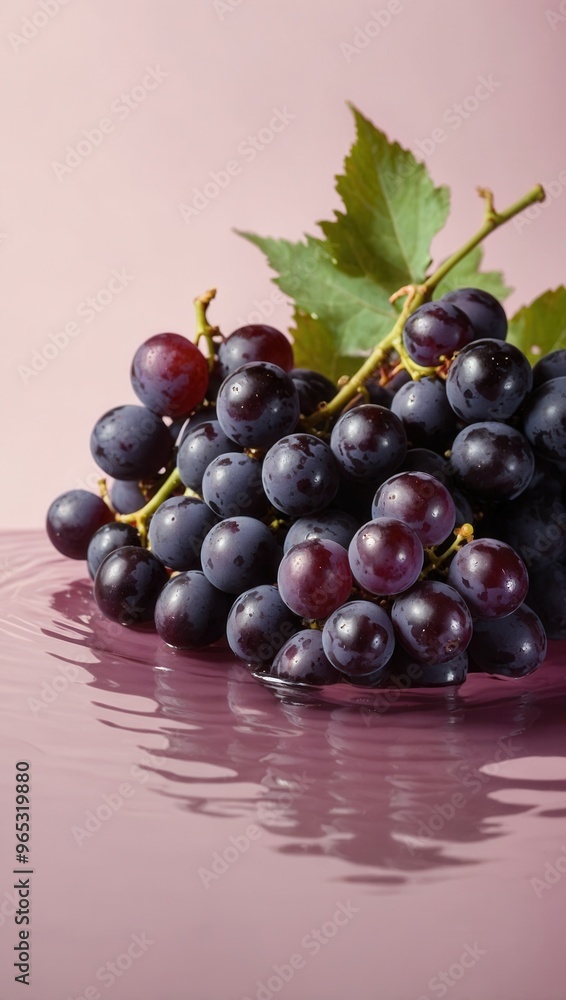 A bunch of grapes are on a plate with a pink background A bunch of grapes are on a plate with a pink background
