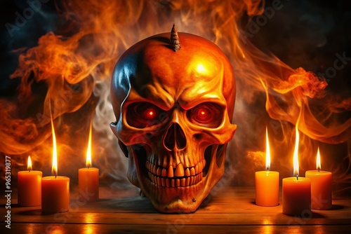 A glowing orange fiery skull with demonic eyes and menacing grin appears to rise from dark, smoky flames,