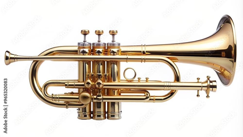 Fototapeta premium Trumpet classical instrument isolated on white Wide Angle, isolated, valve,trumpet, isolated on white, reflection, jazz, wide-angle, musician, play, symphony, wind instrument