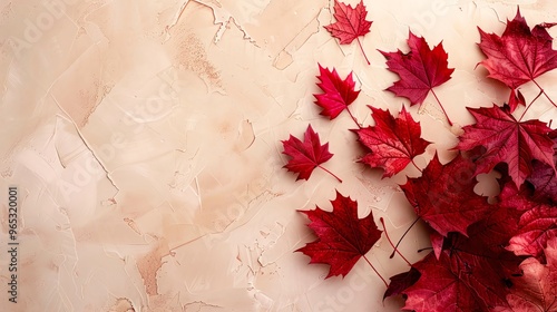 Artistic maple leaf banners on a neutral background, offering a unique and decorative addition to event settings with ample space for Canada Day messages photo