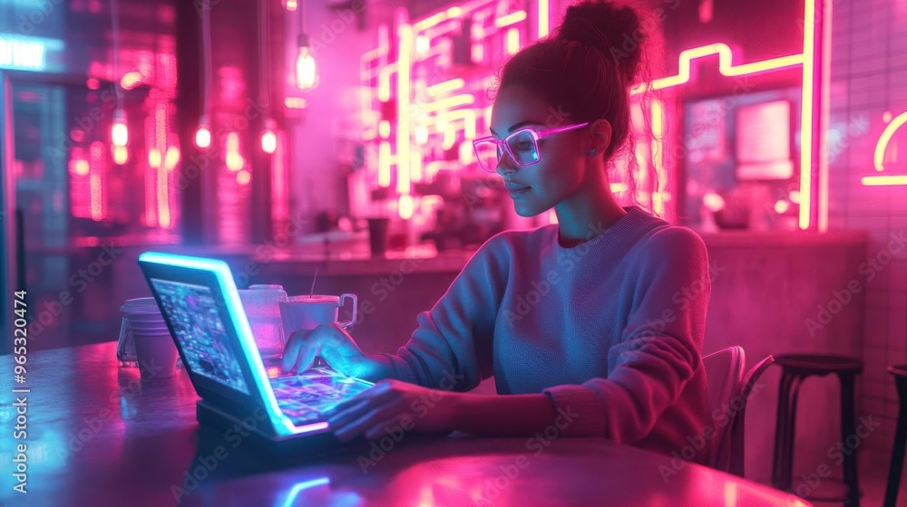Craft a captivating scene of a Blogger engrossed in a holographic tablet at a modern coffee shop Highlight neon lights reflecting around for a Sci-Fi feel Craft a captivating scene of a Blogger engrossed in a holographic tablet at a modern coffee shop Highlight neon lights reflecting around for a Sci-Fi feel