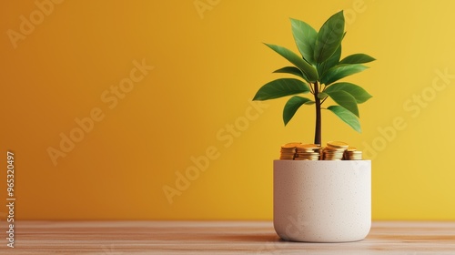 Growing Wealth: Money Tree Sprouting Coins in 3D Illustration with Copy Space, Selective Focus, and Ultra HD Quality