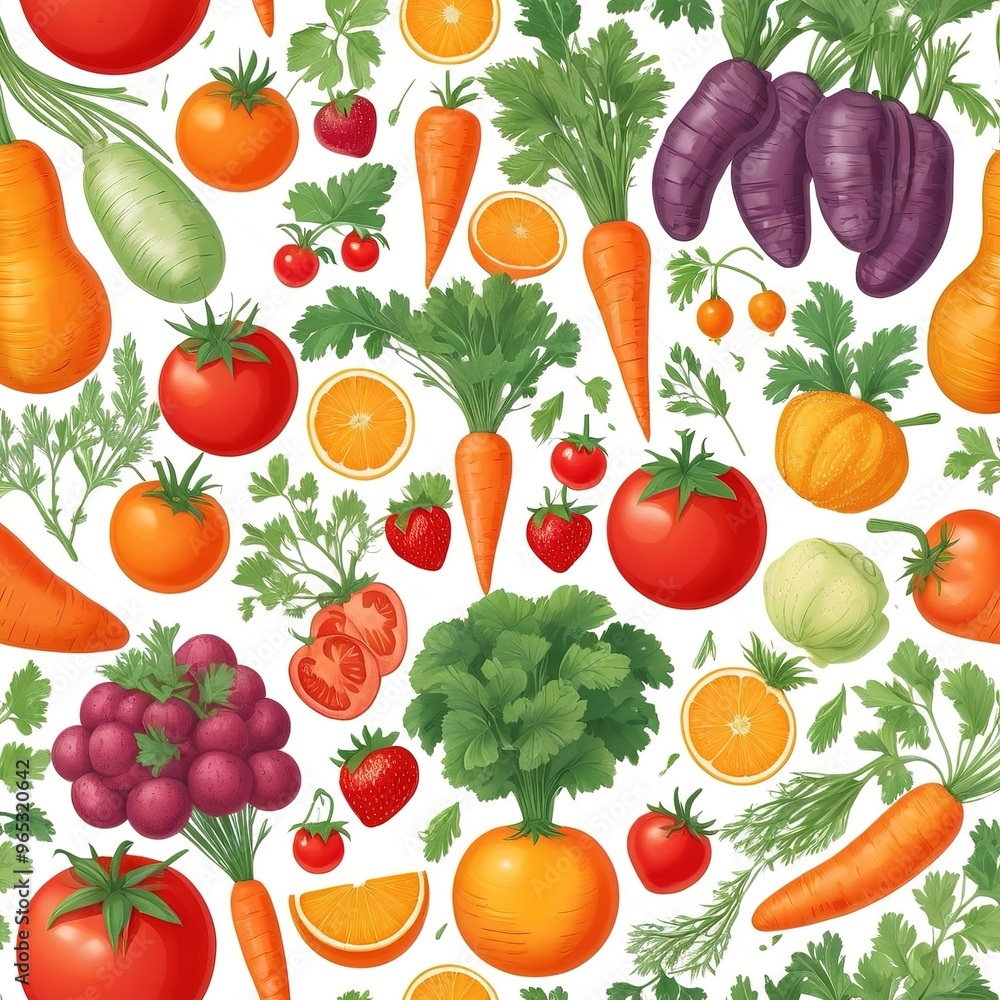Vibrant seamless pattern with carrots and tomatoes in colorful design. Vibrant seamless pattern with carrots and tomatoes in colorful design.