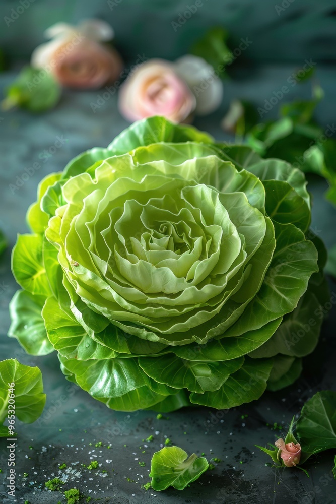 A green cabbage with delicate, layered leaves. AI. A green cabbage with delicate, layered leaves. AI.