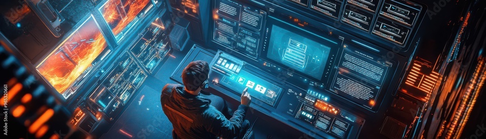 Craft a dynamic image with an aerial perspective of a Content Creator in a futuristic studio Craft a dynamic image with an aerial perspective of a Content Creator in a futuristic studio