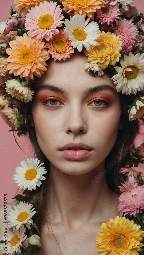 A woman with a flower crown on her head is standing in front of a pink wall A woman with a flower crown on her head is standing in front of a pink wall