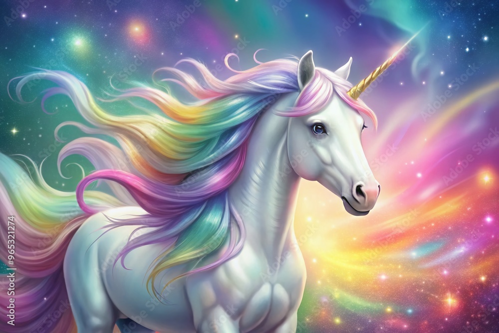 Fototapeta premium A magnificent, shimmering white unicorn with a vibrant rainbow-colored mane and tail, set against a soft, dreamy,