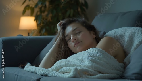 A tired person lying on a couch under a blanket with closed eyes, captured in soft indoor light. This scene portrays illness, fatigue, and the need for rest and recovery.