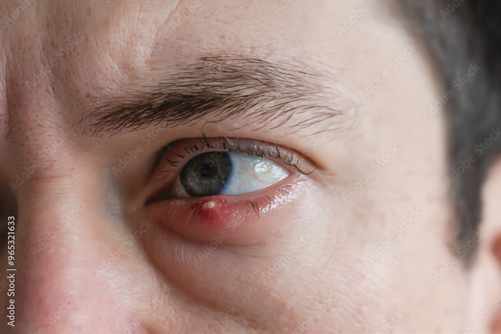 Fototapeta premium Man with infected chalazion (stye, barley) eye on lower eyelid