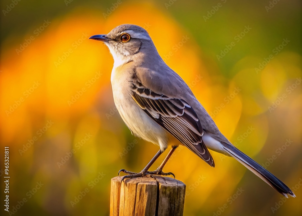 A majestic grey and white mockingbird perches on a weathered wooden fence post, its bright brown eyes gazing A majestic grey and white mockingbird perches on a weathered wooden fence post, its bright brown eyes gazing
