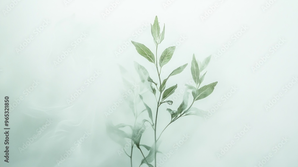Naklejka premium A Branch of Green Leaves Against a Foggy Background