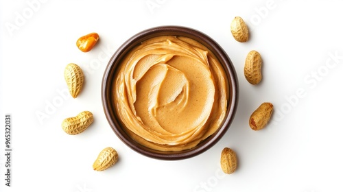 Bowl of peanut butter and peanuts isolated on white background. Top view