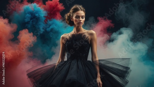 A woman in a large black dress in the wind with a bun on her head posing like a princess.