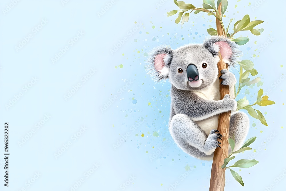 Playful koala perched on a tree branch, surrounded by soft colors. A charming illustration perfect for nature lovers. Playful koala perched on a tree branch, surrounded by soft colors. A charming illustration perfect for nature lovers.