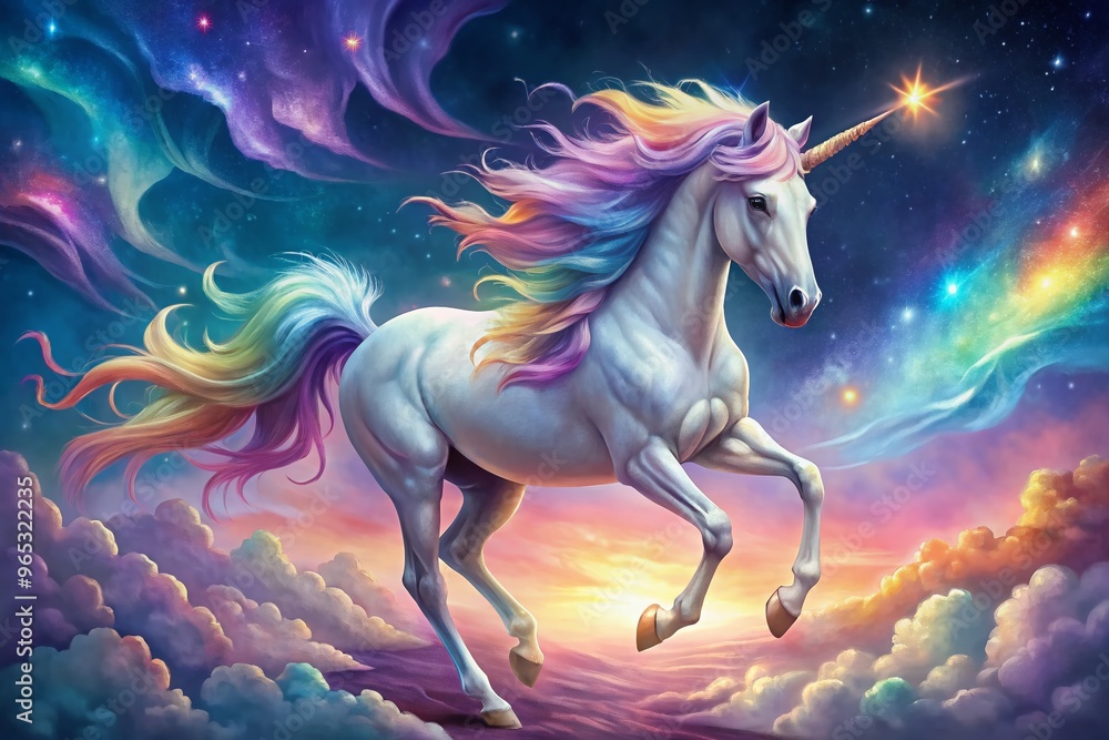 A majestic, shimmering unicorn with a rainbow mane and tail prances in a vibrant, starry night sky, surrounded A majestic, shimmering unicorn with a rainbow mane and tail prances in a vibrant, starry night sky, surrounded