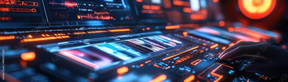 Illustrate a close-up of a digital influencer seamlessly interacting with advanced AI technology to edit videos in real-time amidst a sleek Illustrate a close-up of a digital influencer seamlessly interacting with advanced AI technology to edit videos in real-time amidst a sleek