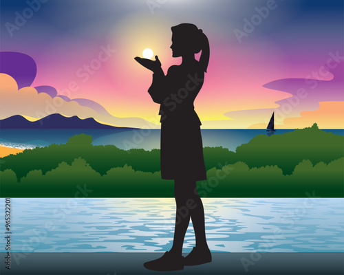 Silhouette of a woman standing by a pond, making a hand gesture, catching the sun in the evening.
