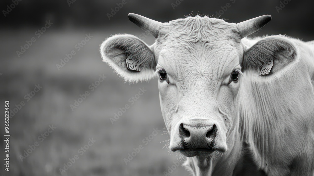 A Close-up Black and White Portrait of a Cow with Horns and Ear Tags A Close-up Black and White Portrait of a Cow with Horns and Ear Tags
