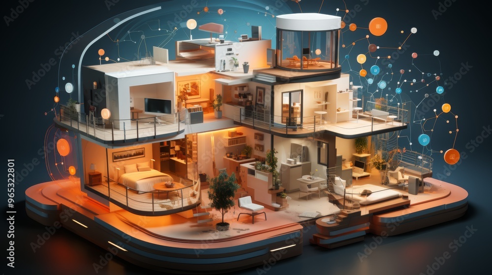 Obraz premium Integration of wearable biosensors in a modern smart home environment with advanced technology