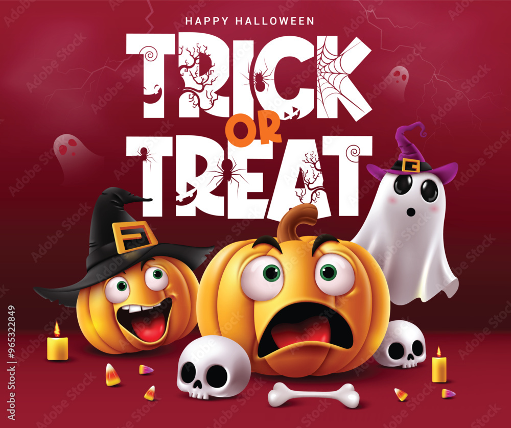 Fototapeta premium Halloween trick or treat vector design. Trick or treat greeting text with cute funny pumpkin wearing witch black hat and ghost elements in creepy red background for spooky holiday season greeting 