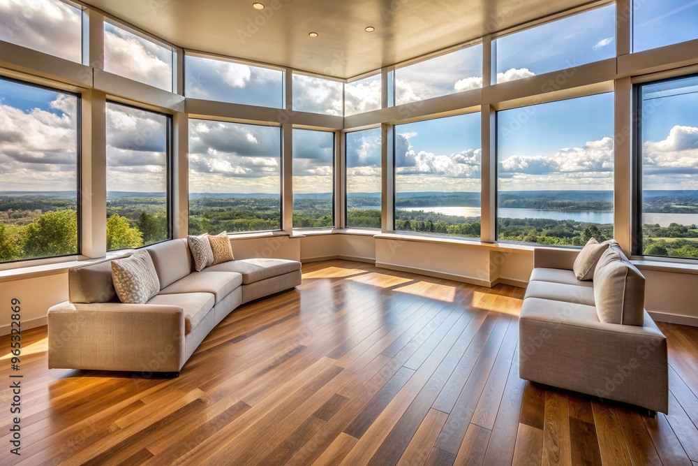 Fototapeta premium peaceful, natural light., relax, bay window, interior design, modern, empty, empty lounge, panoramic lounge, sunlight, Empty modern lounge area with large bay window Panoramic