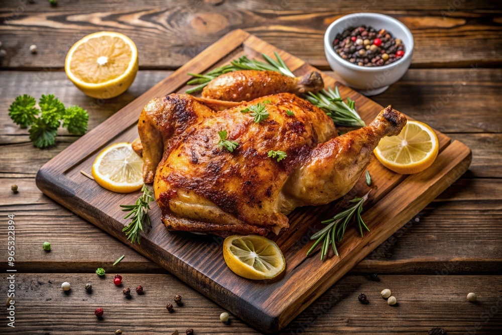 Grilled chicken with a flavorful spice rub and a squeeze of zesty lemon beautifully presented on a rustic wooden cutting board, cutting board, protein, rustic, food, dinner, healthy, cooking Grilled chicken with a flavorful spice rub and a squeeze of zesty lemon beautifully presented on a rustic wooden cutting board, cutting board, protein, rustic, food, dinner, healthy, cooking