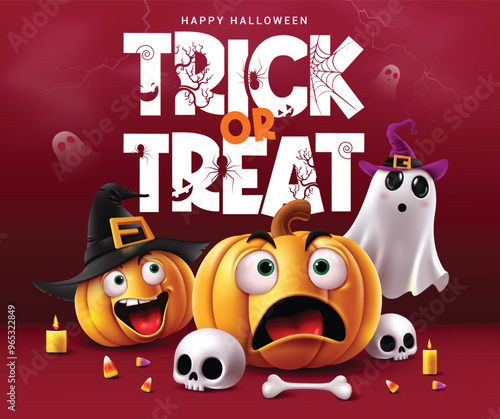 Halloween trick or treat vector design. Trick or treat greeting text with cute funny pumpkin wearing witch black hat and  ghost elements in creepy red background for spooky holiday season greeting 