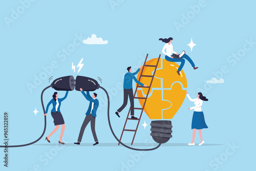 Company culture, teamwork or collaboration for success, colleague or employee engagement, collaboration or cooperate synergy for business growth concept, business people help building lightbulb ideas.
